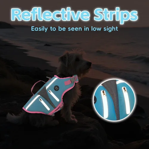 Vista 5 de EMUST Chaleco salvavidas para perros, chaleco salvavidas reflectante para nadar con 4 bolsillos, chaleco flotante para perros pequeños, medianos