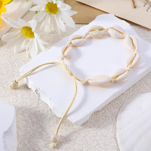 Vista 7 de Juego de collar y pulsera de concha natural para mujer, hecho a mano, gargantilla ajustable con concha natural