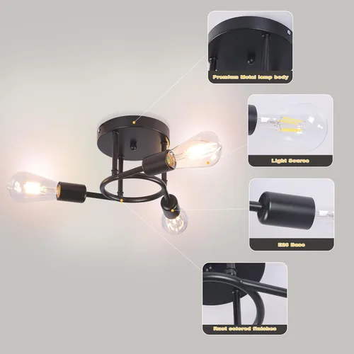 Vista 3 de Finktonglan Lámpara de techo semiempotrada de 3 luces, lámpara de techo Sputnik negro mate, lámpara moderna de granja E26 para cocina, dormitorio