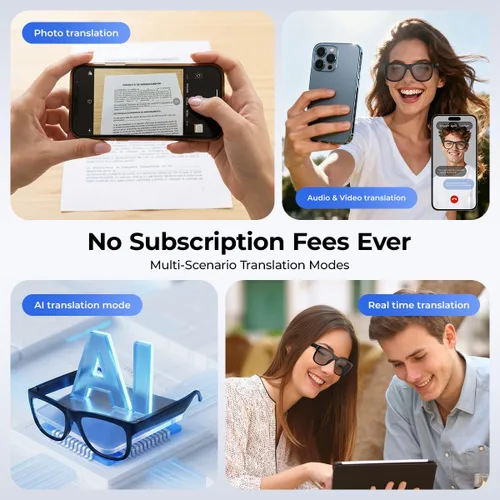 Vista 4 de Lentes inteligentes de traducción Bluetooth AI, lentes inteligentes con más de 140 idiomas traducción en línea y lente de cambio de color, micrófono