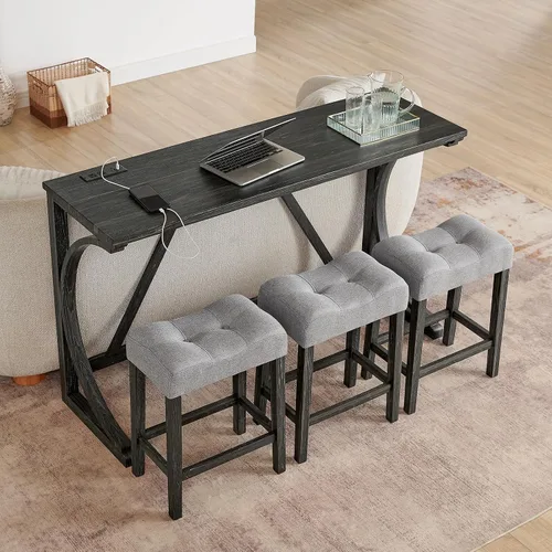 Vista 17 de Juego de mesa de barra de 59" de altura de mostrador con toma de corriente, mesa de desayuno industrial con 3 taburetes acolchados, juego de mesa