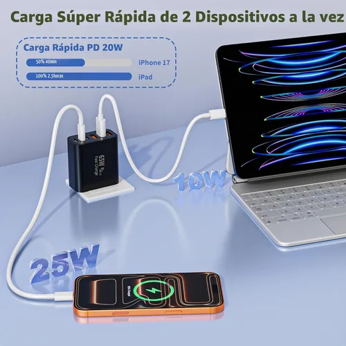 Vista 5 de Bloque de cargador USB C de 65 W, 2 unidades de 6 puertos Apple USB C GaN adaptador de corriente PD de carga rápida + enchufe de pared QC