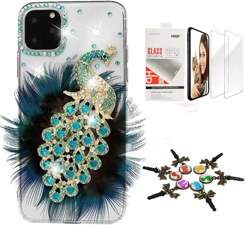 Vista 4 de Sparkle - Carcasa para iPhone 12 (2 unidades), diseño de hojas de leopardo y brillantes, color champán