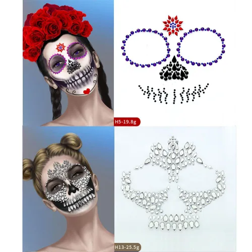 Vista 3 de 4 juegos de joyas de cara de Halloween con purpurina y esqueleto de azúcar, gemas para festivales, cristales, tatuajes faciales, calcomanías, ojos