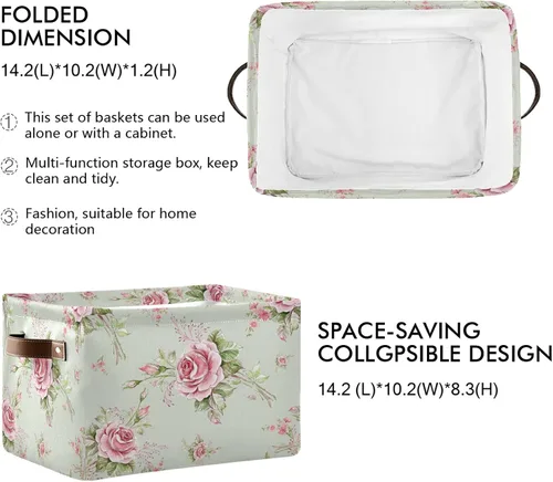 Vista 3 de Cubo de almacenamiento plegable con patrón de rosas y flores florales para niños y mujeres, organizador comprimible con asa, cesta de almacenamiento