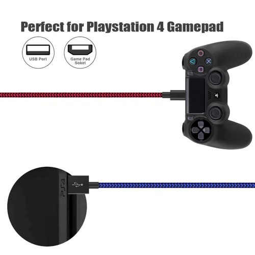 Vista 7 de Cable de carga para controlador PS4 de 10 pies, paquete de 2 cables de nailon trenzado extra largo micro USB 2.0 de alta velocidad compatible