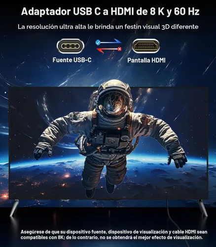 Vista 2 de Adaptador unidireccional USB C a HDMI 2.1 de 48 Gbps, 8K@60Hz, 4K a 120Hz
