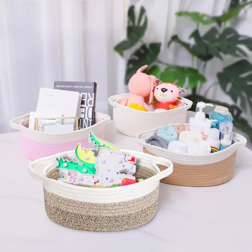 Vista 4 de ABenkle Cesta Pequeña con Asas - Contenedor de Almacenamiento Tejido de Cuerda Decorativo Duradero Cubo Organizador de Estante, Cesta de Regalo
