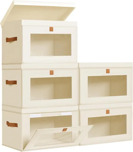 Vista 26 de DIMJ Contenedores de Almacenamiento con Tapas - Paquete de 4 Organizadores Grandes de Tela para Armario con Ventana y Asas, Cajas de Almacenamiento