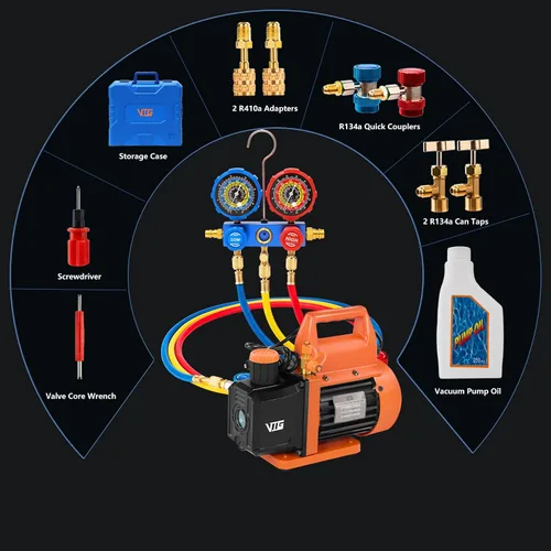 Vista 7 de VTG VOGTEN Bomba de Vacío AC de 4.5 CFM y Juego de Manómetros, para Mini Split, HVAC, Sistemas Automotrices, Kit de Manómetro Múltiple Compatible