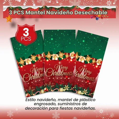 Vista 4 de 3 manteles de Navidad desechables, 54 x 108 pulgadas, mantel rectangular de plástico rojo con árbol de Navidad, muñeco de nieve, reno, Papá Noel