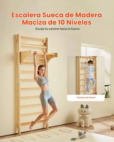 Vista 4 de VEVOR - Escalera sueca de pared, 8 en 1, barras de pared de madera maciza de 15 niveles, juego de escalada de gimnasio de selva interior de 220