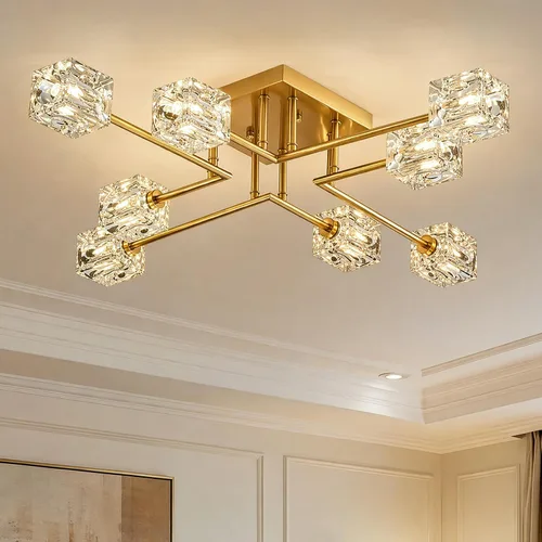 Vista 12 de Lámpara de techo de cristal Sputnik dorada, lámpara de montaje Dorado-4 luces