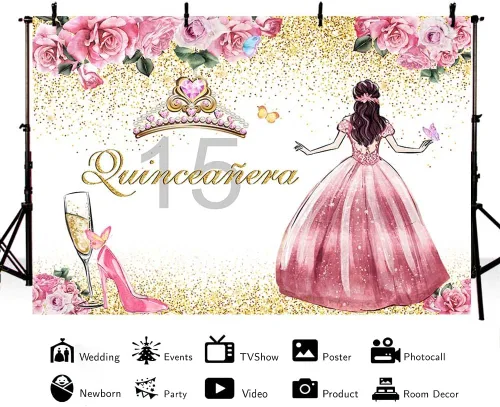 Vista 2 de AIBIIN Telón de fondo de quinceañera de 15 cumpleaños para niñas, fondo de fotografía rosa floral dorado con purpurina, corona de princesa, tacones