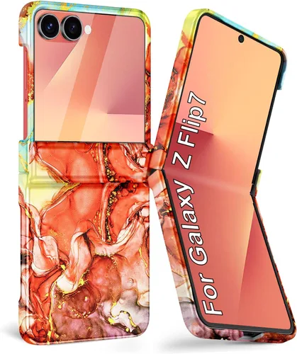 Vista 26 de Btscase Funda para Samsung Galaxy Z Flip 6, protector de pantalla frontal integrado, patrón de mármol dorado con purpurina de policarbonato duro