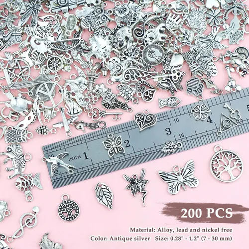 Vista 3 de JIALEEY 200 piezas al por mayor de lotes a granel para hacer joyas, dijes mezclados de metal tibetano de plata tibetana, dijes para bricolaje