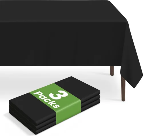 Vista 140 de Paquete de 2 manteles rectangulares desechables color negro, manteles de plástico negro para fiestas, 54 x 108 pulgadas, mantel de campamento