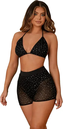 Vista 3 de Verdusa Conjunto de 2 piezas para mujer con top halter y pantalones cortos de malla con purpurina