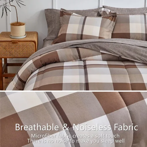 Vista 5 de AIKASY Bed in a Bag - Juego de edredón reversible de microfibra suave de 7 piezas tamaño Queen con diseño de cuadros marrones para todas