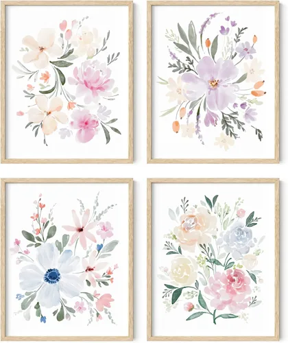 Vista 28 de HAUS AND HUES Arte de pared floral gris, juego de 4 pósteres de plantas para pared vintage, impresiones botánicas, cuadros de flores en blanco