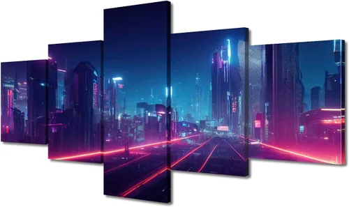 Vista 188 de Cuadros de 5 paneles de Cyberpunk City, arte de pared, representación de vallas publicitarias, edificios modernos en la capital con obras de arte