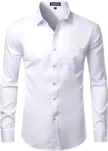 Vista 2 de ZEROYAA Camisas formales de vestir de manga larga con botones y bolsillo para hombre