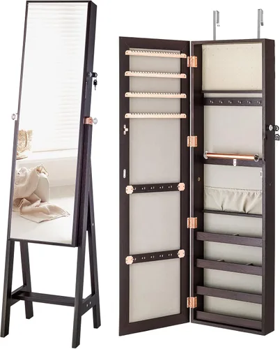 Vista 2 de LUXFURNI Armario de joyería de cuerpo entero con cerradura para maquillaje organizador grande de almacenamiento de cosméticos para colgar