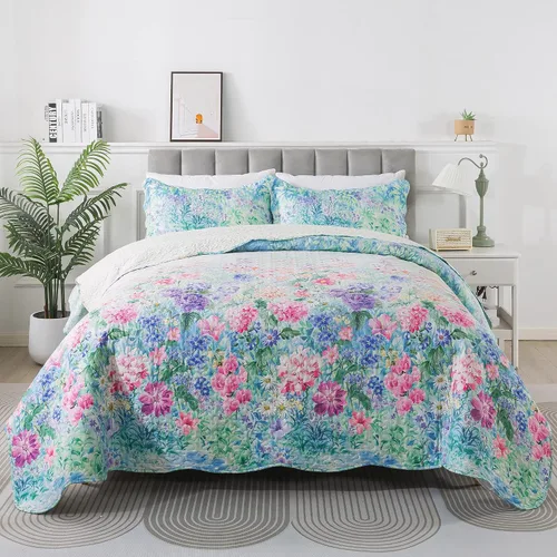 Vista 14 de HoneiLife - Juego de edredón de 3 piezas, colcha ligera de microfibra, diseño de flores silvestres, cubrecamas ligero y botánico, para todas