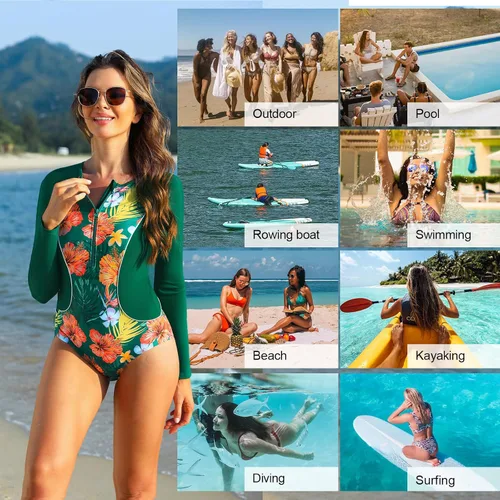 Vista 4 de JASAMBAC Traje de baño de manga larga para mujer, protección solar UPF 50+, con cremallera, de una pieza, estampado de surf