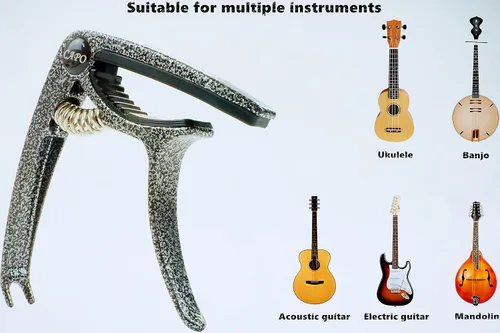 Vista 5 de Cejilla para guitarra, Cejilla ligera de aleación de zinc para guitarras acústicas y eléctricas, bajo, mandolina, banjo, ukelele (Negro plateado)