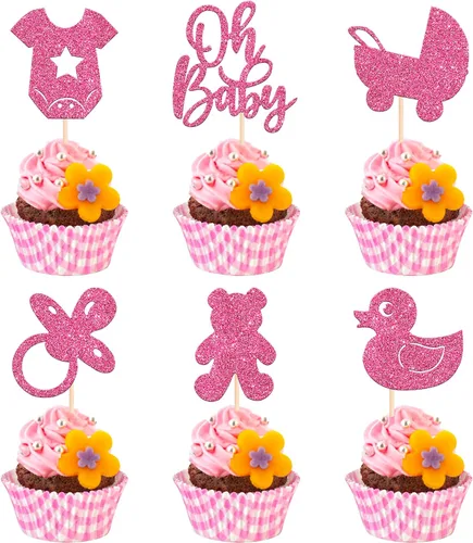 Vista 24 de 24 piezas Oh Baby Cupcake Toppers Glitter Baby Shower Cupcake Picks Reveal Género Decoración de Pasteles para Baby Shower Niños Niñas Fiesta de Azul