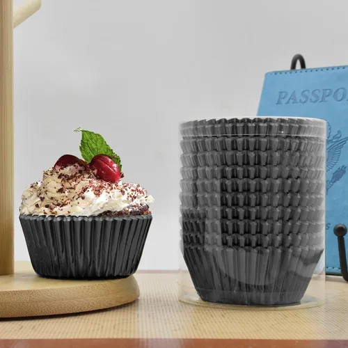 Vista 4 de 200 piezas de forros de papel de aluminio negro para cupcakes, tazas estándar para hornear, moldes de papel para muffins