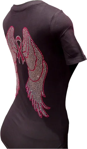 Vista 3 de Camiseta ajustada con cuello en V y alas de ángel y concienciación sobre el cáncer de mama con diamantes de imitación, color rosa y plateado