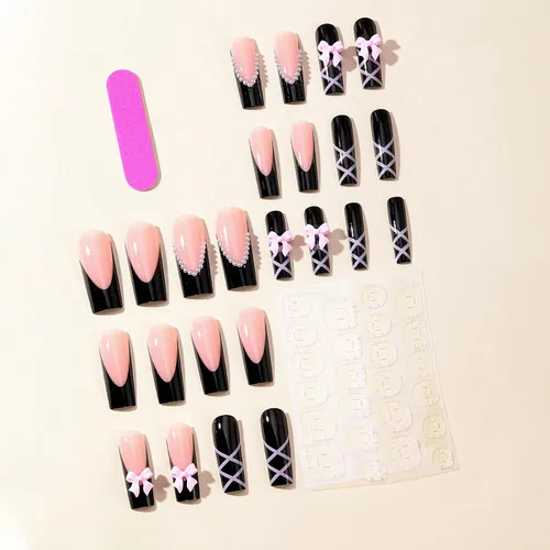 Vista 3 de Uñas postizas a presión de ballet negras, uñas postizas largas cuadradas con punta francesa, uñas postizas con lazo rosa con diseños de perlas