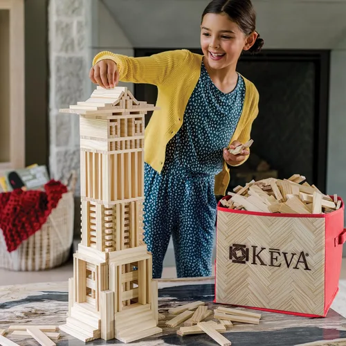 Vista 2 de MindWare KEVA Structures - Juego de bloques de construcción de madera de 600 tablones, incluye 600 tablones de pino KEVA, 30 tarjetas de ideas