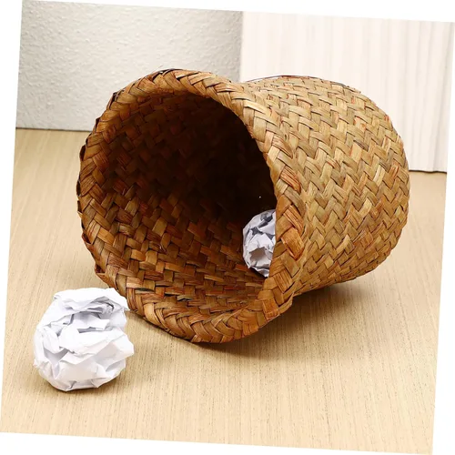Vista 5 de Zerodeko Cesta de basura tejida de mimbre para decoración de oficina, contenedor de basura rústico, cesta de flores para baño, cocina, hogar