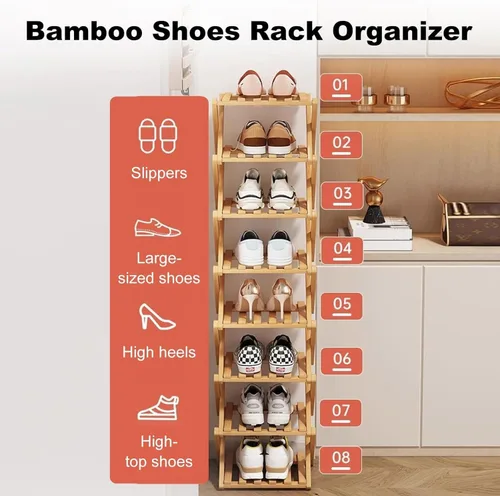 Vista 3 de YYW Zapatero de bambú para entrada, estantes de zapatos de pie libre, estante de armario, organizador vertical plegable de almacenamiento de zapatos