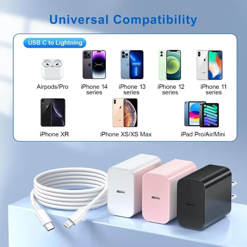 Vista 6 de Cargador rápido para iPhone 14 13 12 11, [certificado MFi], paquete de 3 bloques de carga USB C de 20W con cable de carga rápida USB C a Lightning