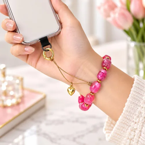Vista 8 de Long tiantian Correa de pulsera para teléfono con cuentas y dije para A1: rosa intenso