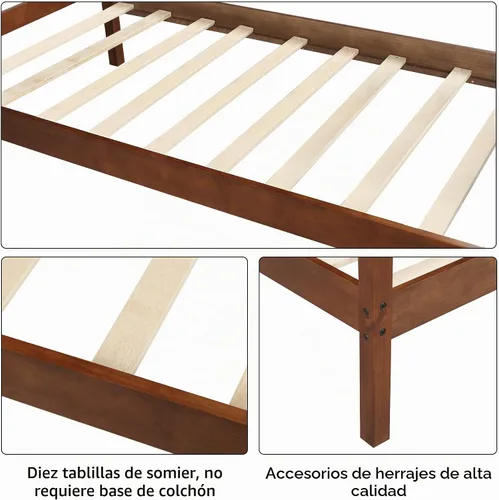 Vista 5 de MERITLINE Cama de plataforma de tamaño individual con cabecero y estribo, marco de cama de madera, no necesita somier, nogal