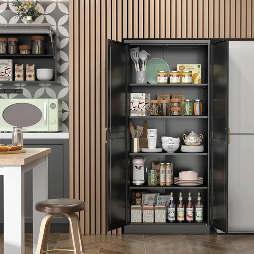 Vista 7 de SteeLoong - Armario de despensa de cocina, armario de almacenamiento de metal negro de 71" con puertas y 4 estantes ajustables, gabinete de cocina