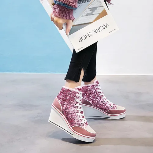 Vista 8 de ALLINNINE Zapatos deportivos de tacón alto para mujer, zapatos de lona de moda de tubo alto, con cordones, borde de cuña, cremallera, ángulo