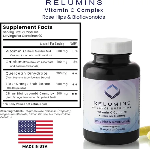 Vista 8 de Relumins Suplemento avanzado de vitamina C con Rose HIPS – 1000 mg de apoyo inmunológico de vitamina C y producción de colágeno, fabricado