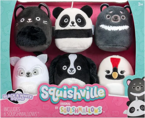 Vista 2 de Squishville de Original Squishmallows Escuadrón Negro y Blanco de Peluche - Seis Peluches Squishmallows de 5 cm Incluyendo Tajo, Kayce, Bambalina