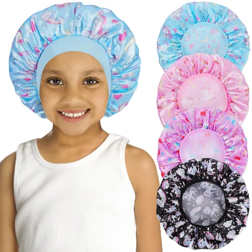 Vista 8 de 4 PIEZAS Gorros de Satén para Niños, Gorro de Dormir Infantil, Gorro de Seda Suave con Banda Elástica Ancha, Gorros Transpirables para Bebé, Gorros