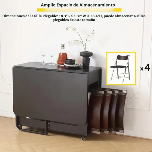 Vista 6 de Mesa de Comedor Plegable con Dos Cajones para 4/6 con Mesa de Hoja Abatible que Ahorra Espacio, Ruedas Bloqueables y Almacenamiento, Superficie
