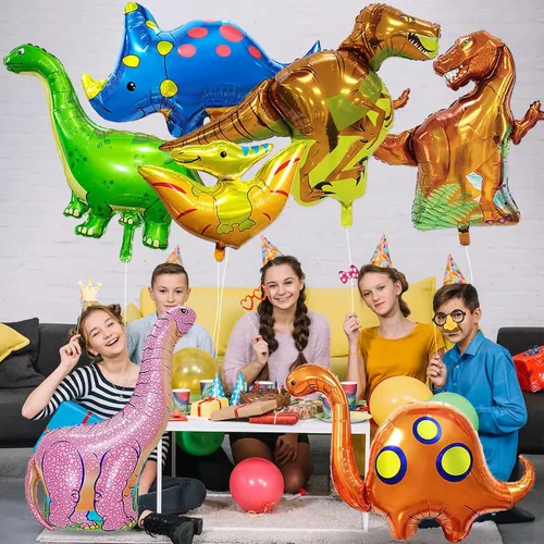 Vista 6 de 7 globos de aluminio de dinosaurio, globos gigantes de helio, globos de cumpleaños de dinosaurio para fiesta temática de dinosaurios de selva