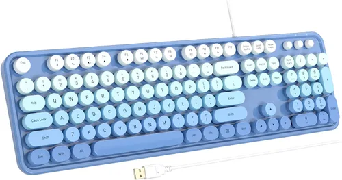 Vista 16 de Atelus Teclado USB con cable con retroiluminación de 7 colores, teclado de tamaño completo con teclas retro, teclado numérico y tecla de acceso