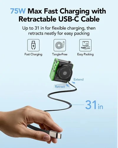 Vista 5 de MFish Adaptador de viaje universal de 75 W, adaptador de corriente internacional de 5 puertos con cable USB-C retráctil, 3 USB-C y 1 salida USB-A +