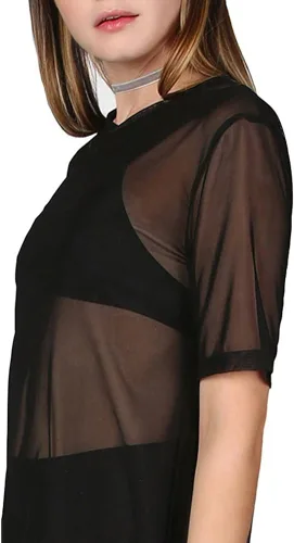 Vista 3 de WuLun Vestido sexy de malla transparente para mujer de manga corta de gasa transparente